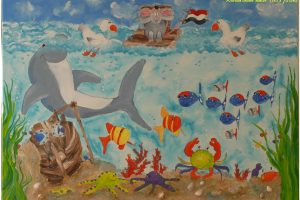 Onderwaterwereld (70x100cm) acryl op doek met scheljes en zand